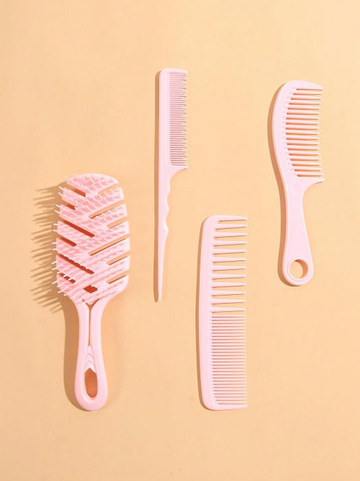 طقم فرشاة تصفيف شعر منحني مع 3 أمشاط صالون، باللون الوردي